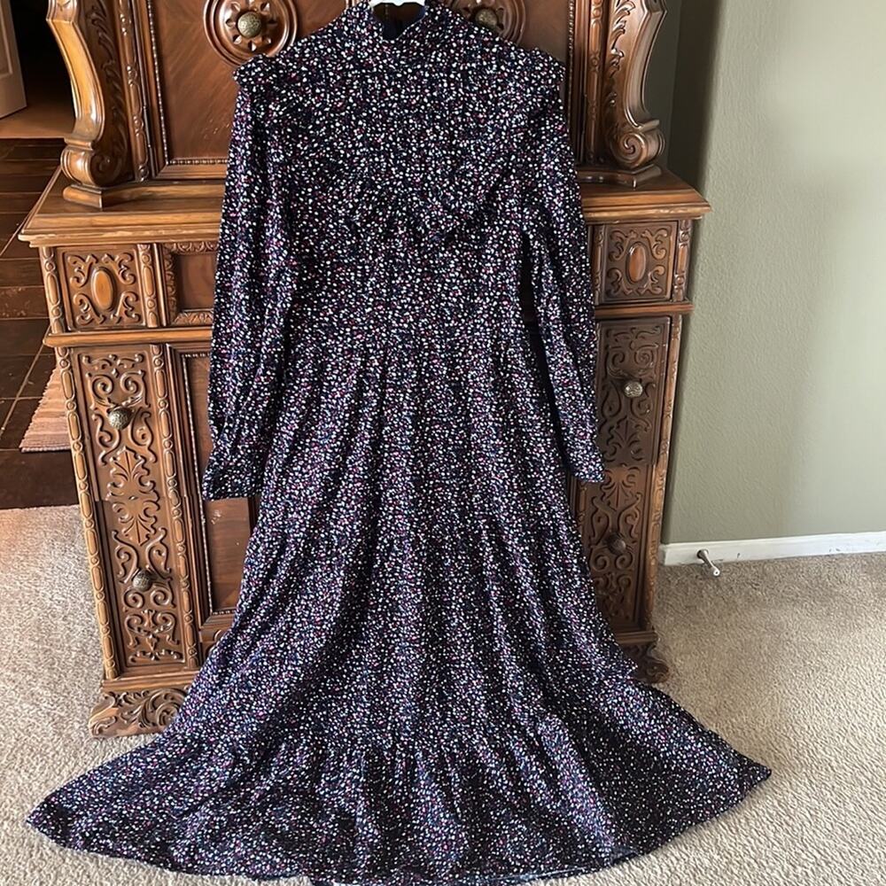iiJin navy floral cottagecore prairie goth long sleeve tiered modest maxi dress